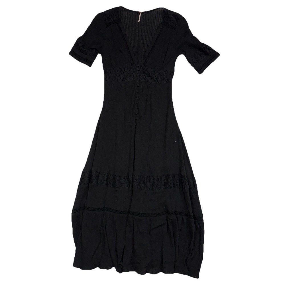 Free People Black Boho Maxi Dress M Lace Trim Button Front Festival Cottagecore